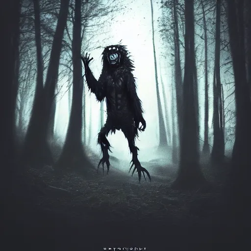 Image similar to werecreature consisting of a crow and a human, featured on artstation, photograph captured in a dark forest