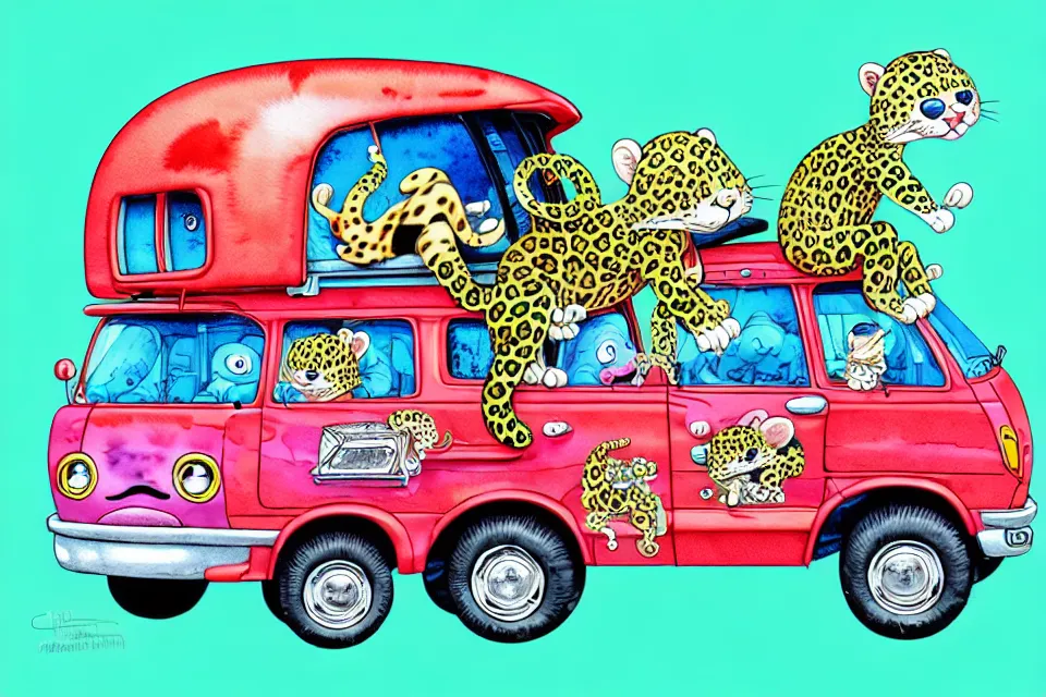 Prompt: cute and funny, baby leopard wearing a helmet riding in a mystery machine van, ratfink style by ed roth, centered award winning watercolor pen illustration, isometric illustration by chihiro iwasaki, edited by range murata, tiny details by artgerm and watercolor girl, symmetrically isometrically centered, sharply focused