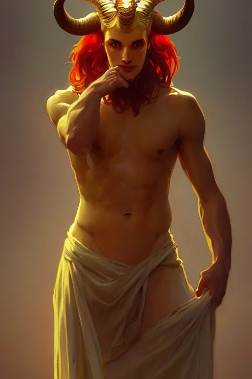 Image similar to full figure beautiful young fit antrophomorphic male ram, great horns, luminous scene, by greg rutkowski and alphonse mucha, d & d character, gradient yellow to red, in hell, highly detailed portrait, digital painting, artstation, concept art, smooth, sharp focus illustration, artstation hq