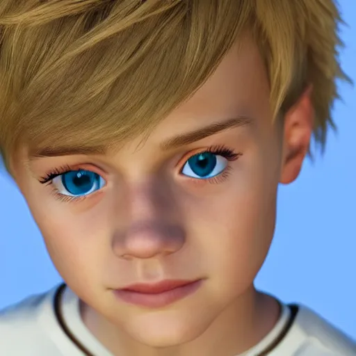 Image similar to a detailed portrait of boy with blonde hair and blue eyes, unreal engine 5 rendered, incredibly highly detailed and realistic, 8 k, sharp focus, studio quality