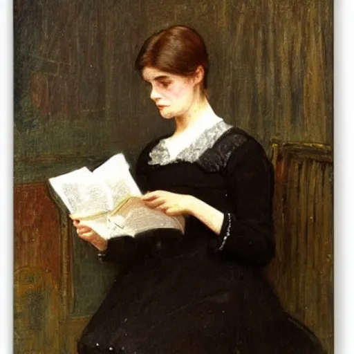 Prompt: young victorian working class woman in old clothes, dirty face, reading, painted by alfred stevens