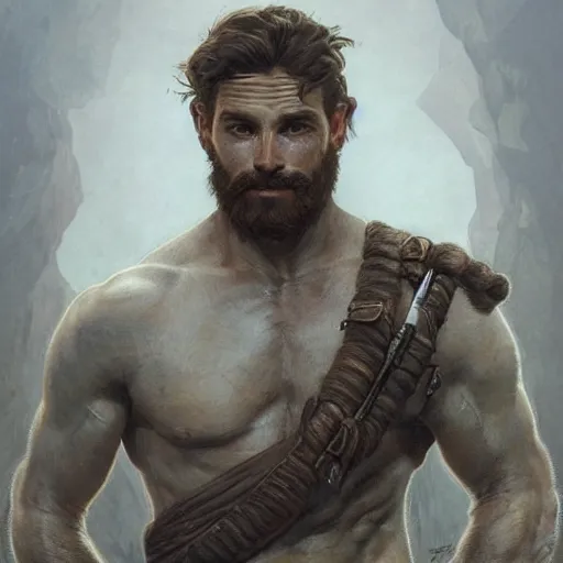 Image similar to portrait of a young rugged ranger, muscular, upper body, hairy torso, D&D, fantasy, intricate, cinematic lighting, highly detailed, digital painting, artstation, concept art, smooth, sharp focus, illustration, art by Artgerm and Greg Rutkowski and Alphonse Mucha