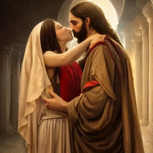 Image similar to jesus kissing a sensual woman in jerusalem, elegant, highly detailed, digital painting, artstation, concept art, matte, sharp focus, highly detailed, 4 k, hdr, smooth, sharp focus, high resolution, award - winning photo, photorealistic, art by artgerm and greg rutkowski and alphonse mucha, large shot