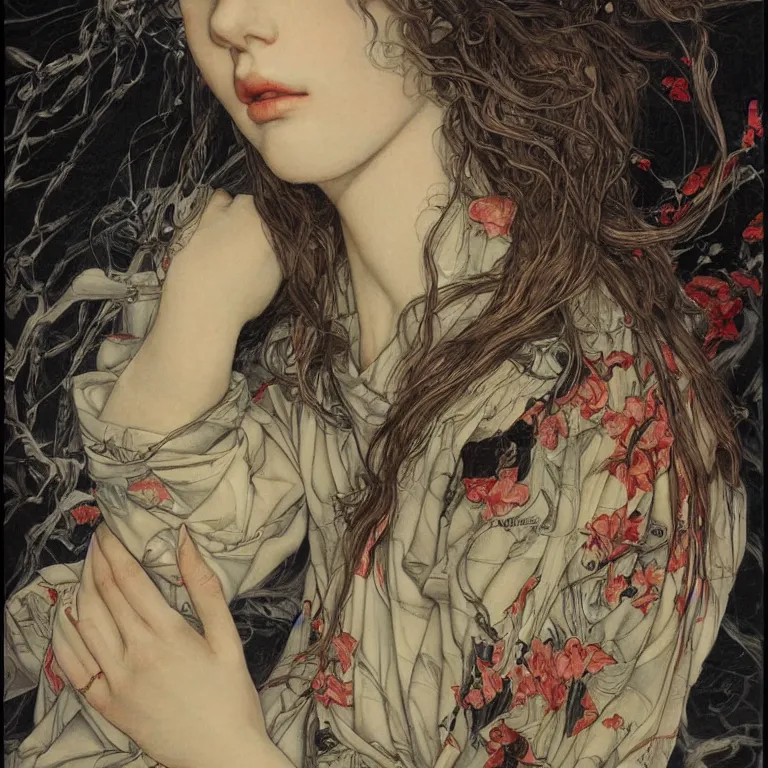 Prompt: portrait of a young woman painted by ayami kojima