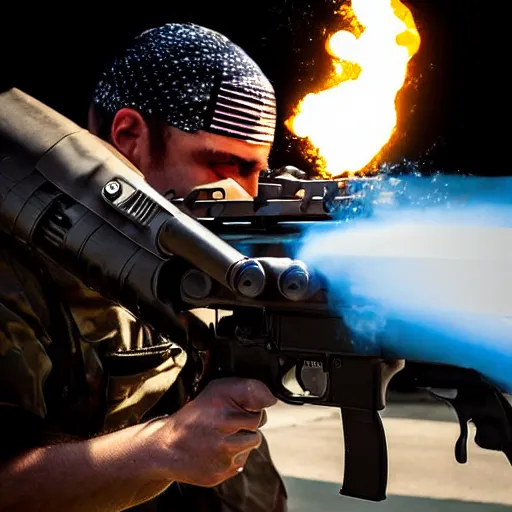 Image similar to man firing ar - 1 5, muzzle flash visible at the end of the barrel, highly detailed, photograph, firepower united