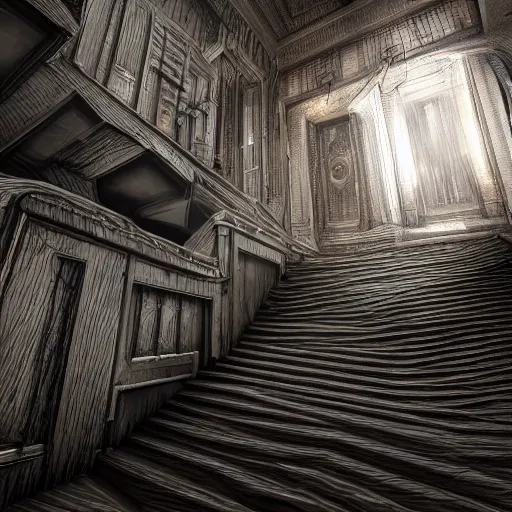 Image similar to detailed, staircase to the unfeeling void, starkly beautiful, stunning, cosmic horror, non - euclidian, lovecraftian, redshift render, cgi, 3 d, hyper - detailed, ultra - realistic, unreal engine, mattepainting, artstation