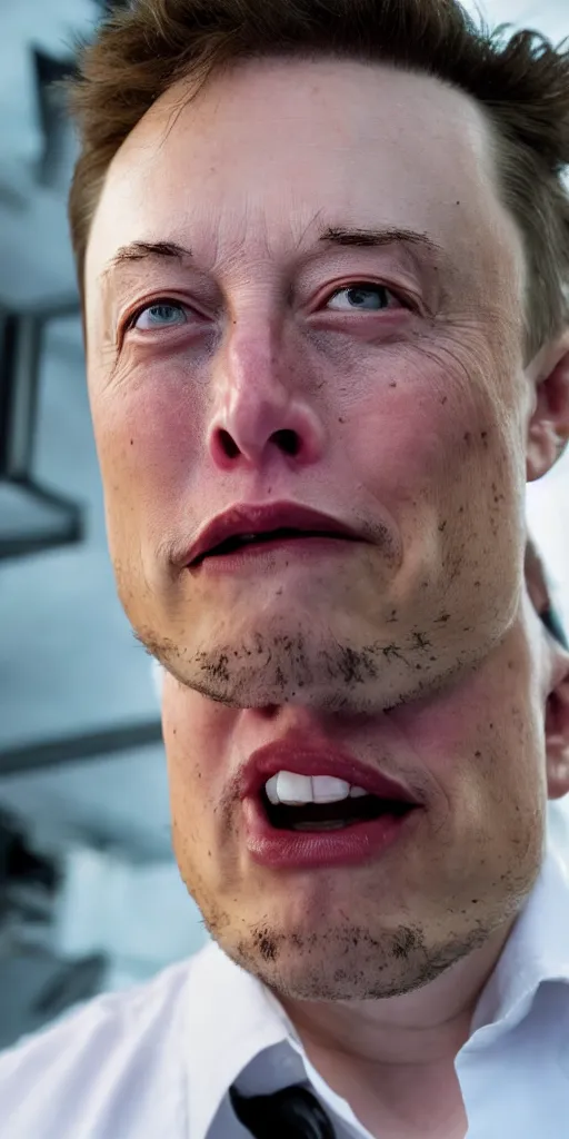 Image similar to cropped close up of elon musk crying and serving you at a fast food restraunt, hyperrealistic, dramatic lighting