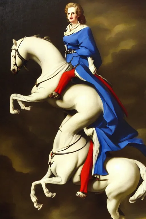 Image similar to Margaret Thatcher riding a valiant armoured steed, oil on canvas by Antonio Canova,