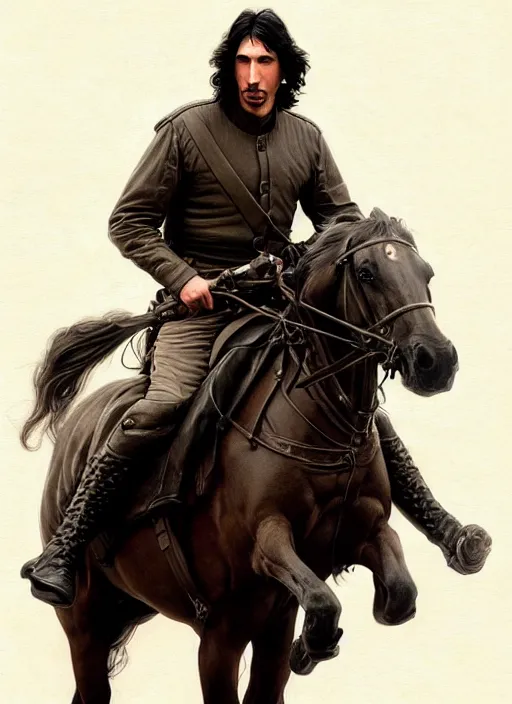 Prompt: painting of adam driver riding on horses with john oliver, stoic, full body, military uniform, fantasy, intricate, elegant, beautiful, highly detailed, charcoal, centered, dark, smokey, digital painting, artstation, concept art, smooth, sharp focus, illustration, art by artgerm and greg rutkowski and alphonse mucha