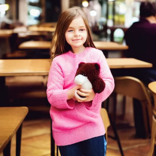 Prompt: cute girl in a pink sweater with a teddy bear sits in a cafe photo, medium shot, 8 5 mm