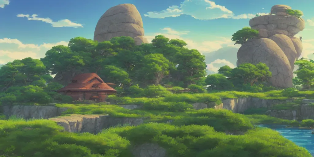 Prompt: a serene landscape with a singular building near a river with rocks at sunrise, ghibli studio, anime style, pixar style, concept art, octane render, trending on deviantart, highly detailed, high quality, soft lighting, path traced, beautiful landscape, cartoon, high coherence, cloud in the sky, digital painting, masterpiece, digital art, breathtaking landscape, soft colors, beautiful