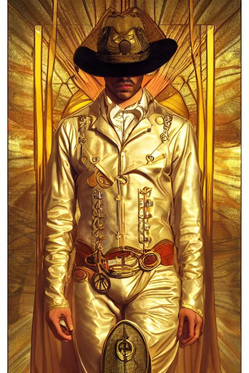 Prompt: a dramatic ethereal epic symmetrical painting of a handsome cowboy in a gold outfit | tarot card, art deco, art nouveau, (steampunk), homoerotic, realistic | by Dresden Codak, by Mark Maggiori and Alphonse Mucha | trending on artstation