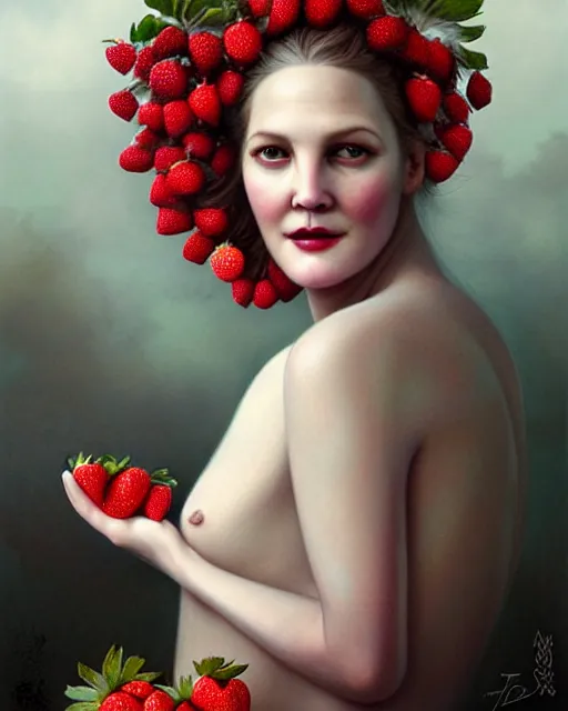 Prompt: beauty portrait, drew barrymore, strawberries, wild berries, by tom bagshaw, greg rutkowski, intricate background