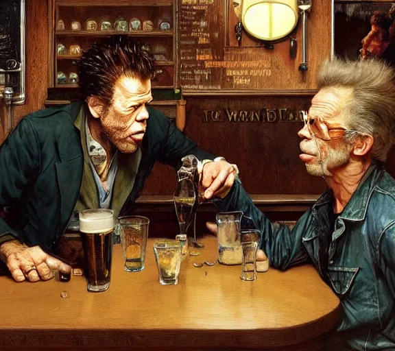 Image similar to Tom Waits and Iggy in a pub, highly detailed, digital painting, artstation, concept art, smooth, sharp focus, illustration, art by james gurney and norman rockwell and greg rutkowski chuck close