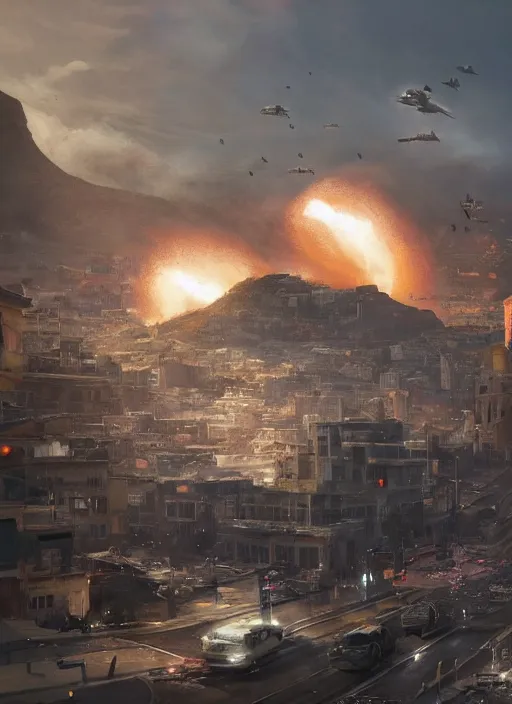 Image similar to hyper realistic squid robot attacking cape town city, table mountain explosions, atmospheric beautiful details, strong composition painted by kim jung giu weta studio rutkowski, james gurney and greg rutkowski, and lucasfilm