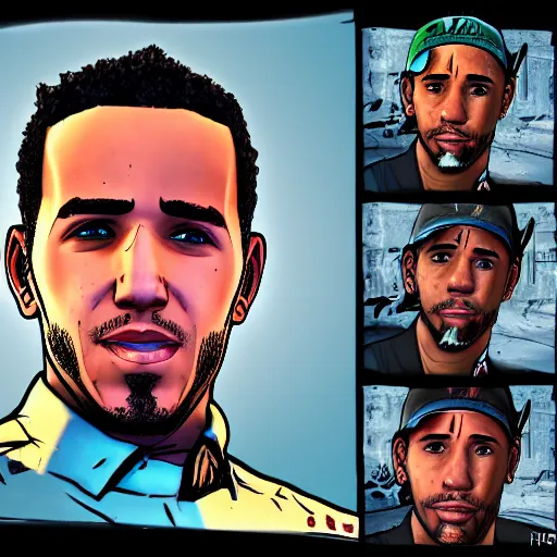Prompt: lewis hamilton portrait, borderlands, tales from the borderlands, the wolf among us, comic, cinematic lighting, studio quality, 8 k