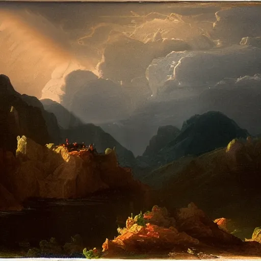 Prompt: mountain scene with storm clouds in distance, dramatic lighting, in the style of thomas cole