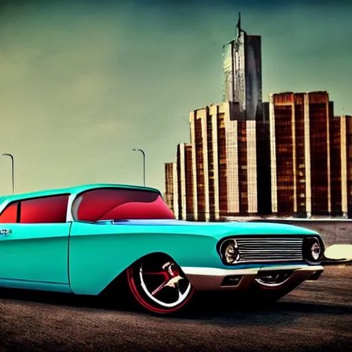 Image similar to beautiful digital painting of a 1 9 6 0 s muscle car fitted with a miniature fusion engine and rocket boosters. beautiful car. sports car. american muscle car. stunning photograph. urban backdrop