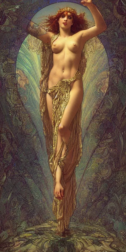 Image similar to aphrodite in paradiso. sacred geometry. clouds. sun rays. bliss. enlightenment. ascension . Gustave Doré. dappled light. cinematic lighting. in the art style of Mucha