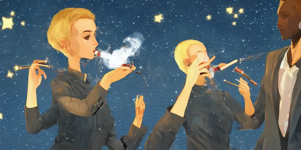 Image similar to digital art, trending on artstation, androids smoking hookahs while looking at the sky full of stars