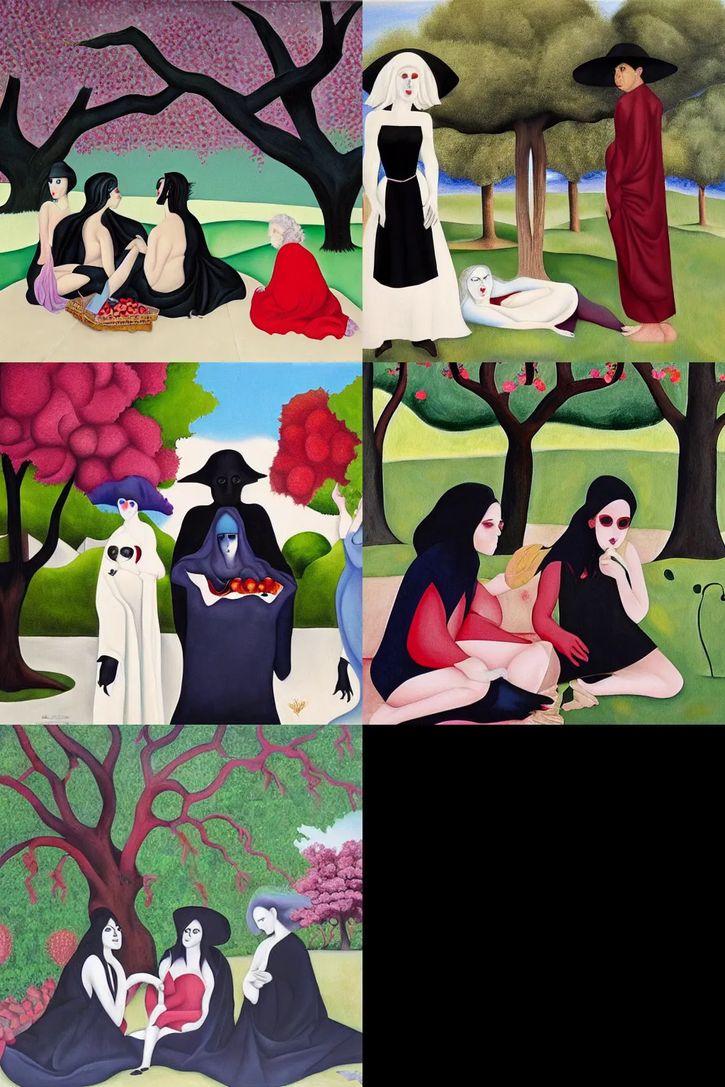 Prompt: an hd painting by georgia o'keeffe. three goths loitering in the shade, talking beneath a cherry tree outside a blockbuster video store.