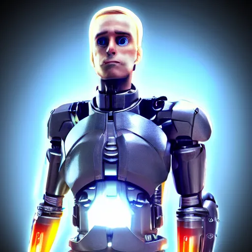 Prompt: linus tech tips super rtx god mech final form ridgewallet cylon eye epic dynamic pose 4 k deviantart artstation 3 d octane render blender with sebastian linus's face