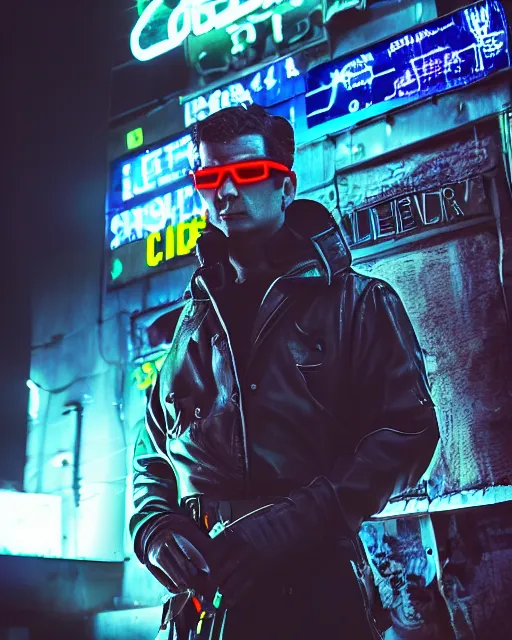 Image similar to photo of lieutenant columbo as a cyborg, advanced technology, cyberpunk background, neon lights, scifi, moody, atmosphere, professionally color graded, sharp focus, 8 k high definition, insanely detailed, intricate