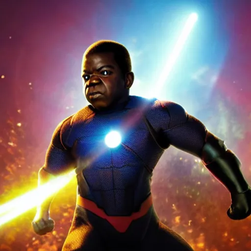 Prompt: gary coleman as a powerful superhero shooting lasers out of his eyes by kevin feige for marvel studios, hd movie still 2 0 megapixel huhd 8 k