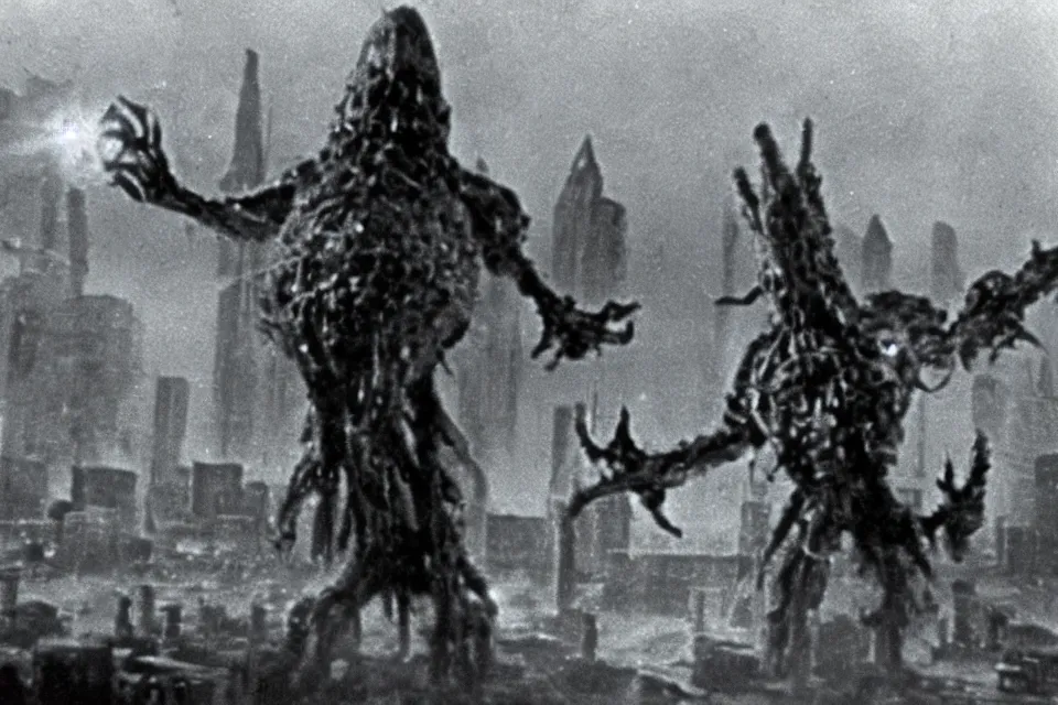 Image similar to still image taken from sci fi horror movie of a giant praying phage attacking a city. low camera angle. 1 9 6 0.