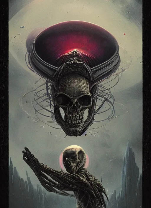 Prompt: alien flying saucer tarot card,highly detailed,half skull face,cinematic,8k,by Stanley Artgermm,Tom Bagshaw,Greg Rutkowski,Carne Griffiths, Ayami Kojima, Beksinski, Giger,trending on DeviantArt,hyper detailed,horror, full of colour