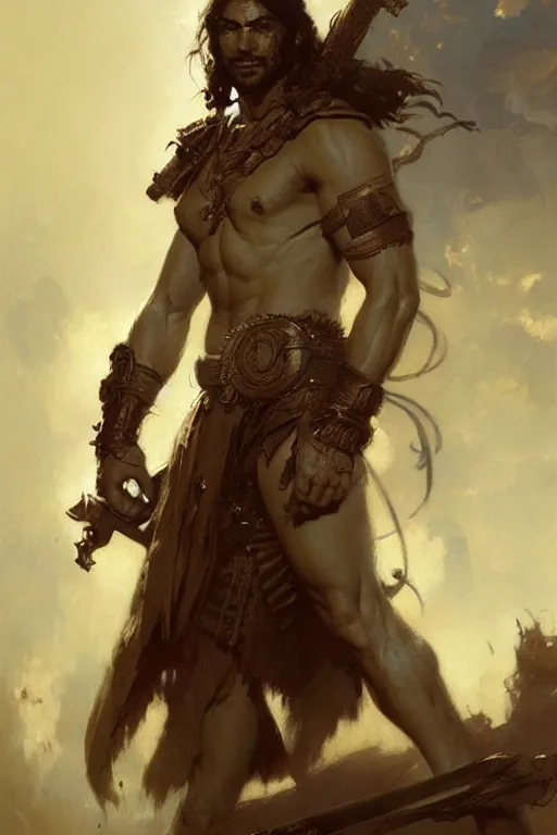 Prompt: warrior, attractive male, character design, painting by gaston bussiere, greg rutkowski, katsuya terada, frank frazetta, trending on artstation