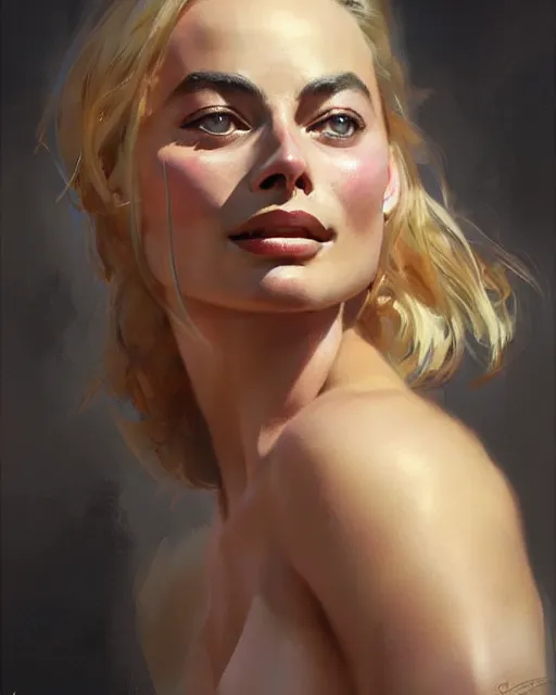 Image similar to Full view realistic portrait of actress margot robbie, masterpiece by Craig Mullins Artgerm in the style of Ruan Jia, wlop, Ross Tran, detailed and realistic, soft lighting, intricate details, realistic, full view, Artstation, CGsociety