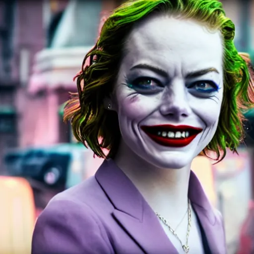 Image similar to Emma Stone as (The Joker) stunning awe inspiring beautiful 8k hdr colorful lighting