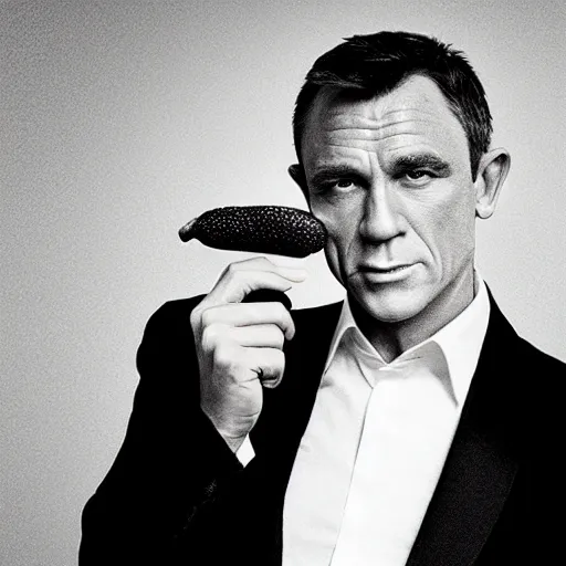 Image similar to james bond holding a banana, facing camera