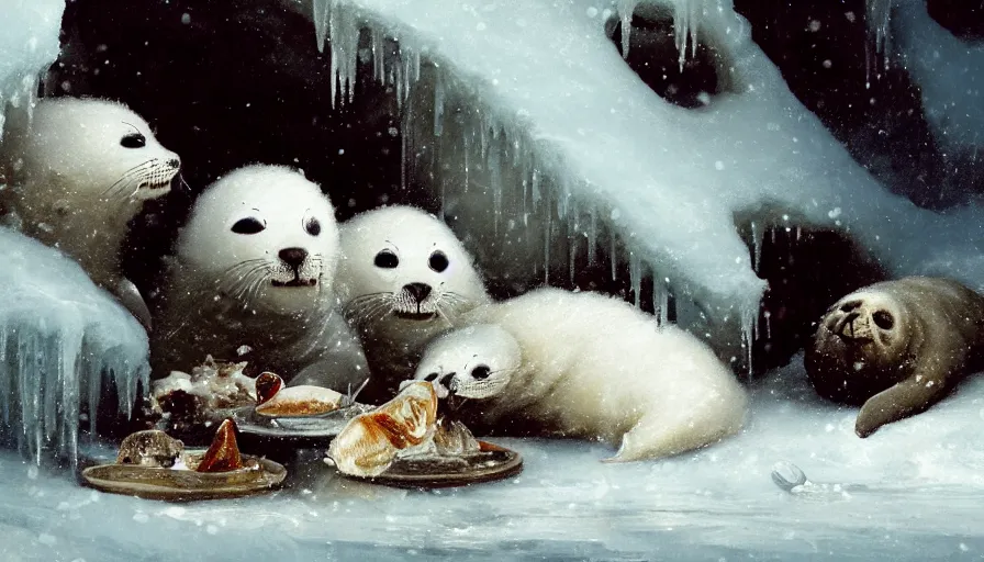 Image similar to highly detailed closeup painting of cute furry white baby seals eating fish inside a snowy fantasy ice crystal cavern by william turner, by greg rutkowski, by william constable, thick brush strokes and visible paint layers, 4 k resolution