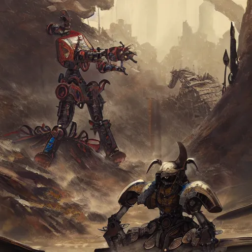 Image similar to portrait concept painting of a rampaging ashigaru mecha war construct, destroying a small village fantasy painting, dungeons and dragons, magic the gathering art, of bamboo, laquer and steel, steampunk - inspired by brian froud and greg rutkowski and jessica rossier