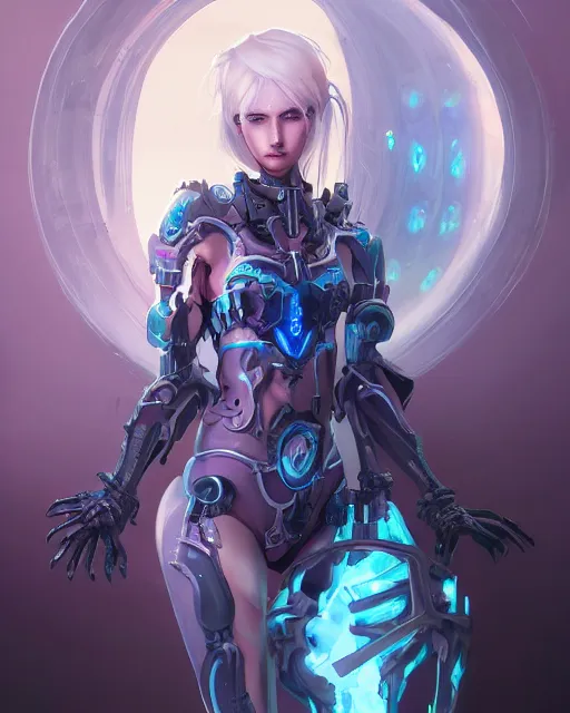 Image similar to holy cyborg necromancer girl, elegant, scifi, futuristic, utopia, garden, illustration, atmosphere, top lighting, blue eyes, white hair, focused, artstation, highly detailed, art by yuhong ding and chengwei pan and serafleur and ina wong