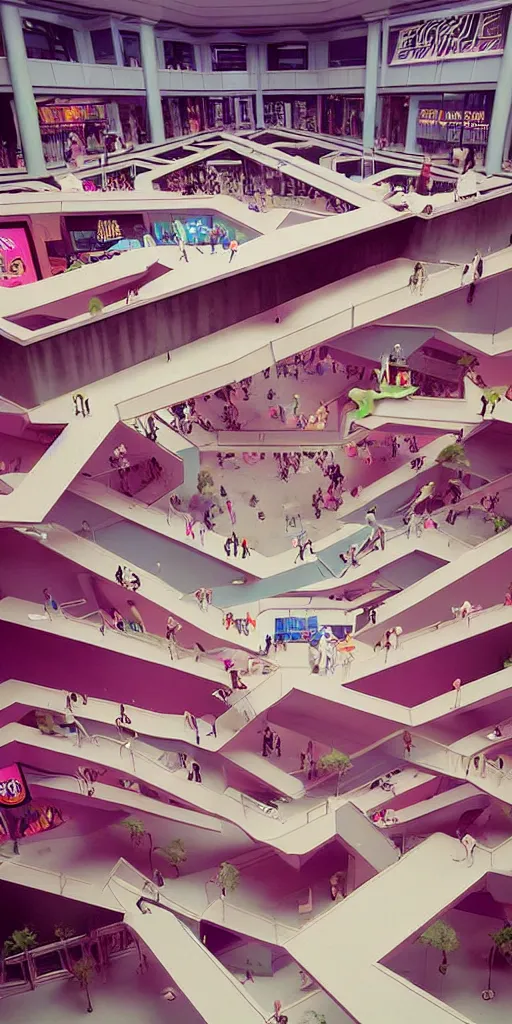 Prompt: huge sprawling gargantuan angular dimension of infinite indoor landscape 8 0 s mall interior. surrealism, mallsoft, vaporwave. muted colors, 8 0 s pop culture, food court, shot from above, endless, never - ending epic scale by escher and ricardo bofill
