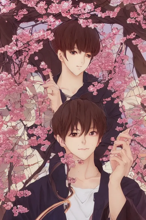 Image similar to anime cottagecore BTS k-pop band, phone wallpaper. intricate, elegant. the background is cherry blossoms !. highly detailed, digital painting, artstation, concept art, smooth, sharp, focus, illustration. . art by artgerm and greg rutkowski and alphonse mucha, in the style of japanese manga