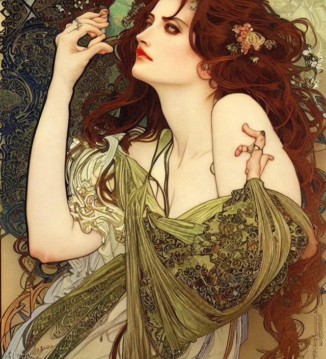 Prompt: detailed portrait of eva green by alphonse mucha, ayami kojima, yoshitaka amano