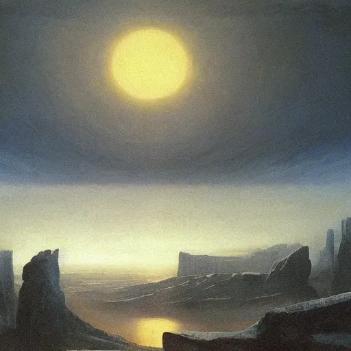 Image similar to the epic abstract painting'arctic monolith with black sun rising ', by caspar david friedrich!!!, by rothko!!!, stunning masterpiece, trending on artstation