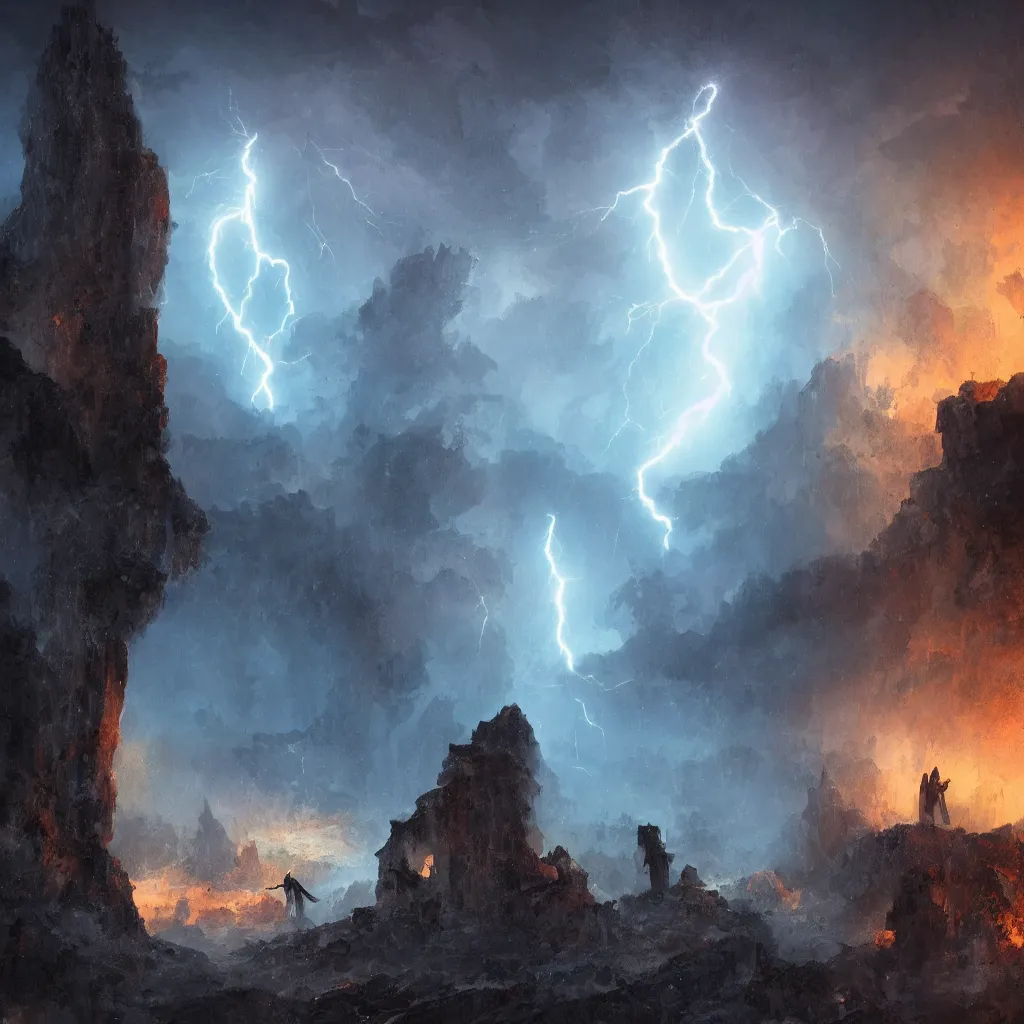 Image similar to a still of a cloaked figure standing in the ruins of crux prime, monastery, there is lightning, blue fiery maelstrom in the distance, it is raining, digital art, artstationhq