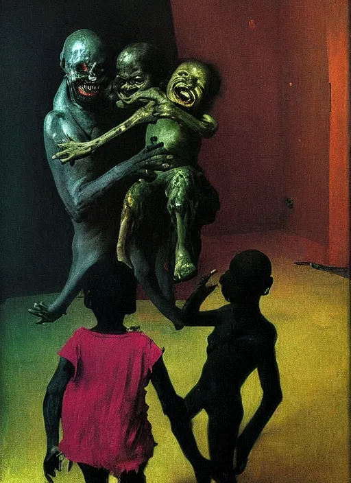 Image similar to two dark figures laughing and a black child inside a decayed contemporary living room with large tree in the style of Francis Bacon and Zdzislaw Beksinski, Edward Hopper and Norman Rockwell, highly detailed, very coherent, triadic color scheme