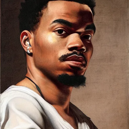 Prompt: a portrait painting of Chance The Rapper as a Poetic Philosopher in the style of Caravaggio, 1599, realistic, detailed