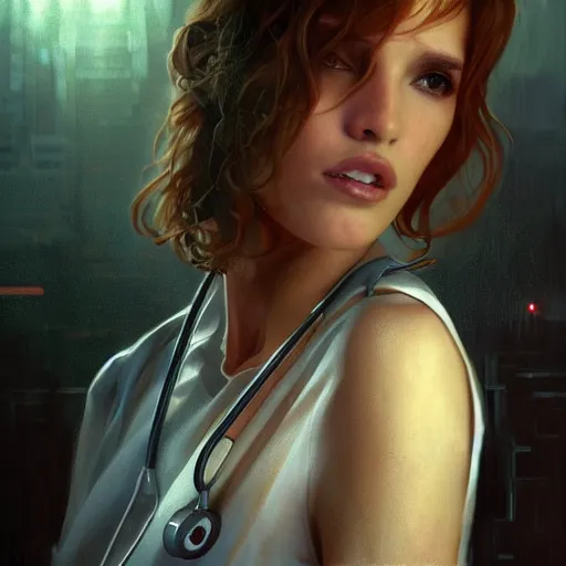 Prompt: full figure bella thorne as a nurse, hyperrealistic portrait, bladerunner street, art of elysium by jeremy mann and alphonse mucha, fantasy art, photo realistic, dynamic lighting, artstation, poster, volumetric lighting, very detailed face, 4 k, award winning