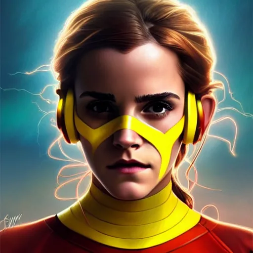 Image similar to beautiful Emma Watson as Kid Flash with lightning bolt headset, western, closeup, D&D, fantasy, intricate, elegant, highly detailed, digital painting, artstation, concept art, matte, sharp focus, illustration, art by Artgerm and Greg Rutkowski and Alphonse Mucha