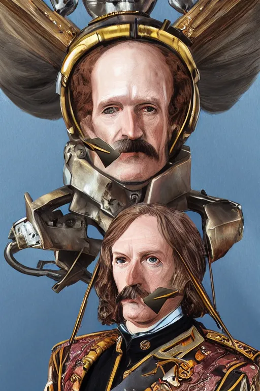 Image similar to portrait, headshot, digital painting, of General Custer as a military cyborg with several arrows in his head and body, amber jewels, vr headset, baroque, ornate clothing, scifi, futuristic, realistic, hyperdetailed, chiaroscuro, concept art, art by waterhouse and witkacy