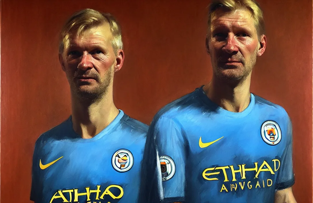 Image similar to portrait of erling haaland manchester city!!!!!!!!!!!!!!!!!!!!!!!!!!!, detailed face, detailed painting, epic lighting, by ilya repin, phil hale and kent williams