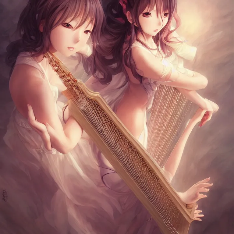 Image similar to anime girl playing highly detailed harp instrument by hyeyoung kim, stanley artgerm lau, wlop, rossdraws, james jean, andrei riabovitchev, marc simonetti, and sakimichan, full body portrait, intricate, face, elegant, beautiful, dramatic lighting, sharp focus, artstation