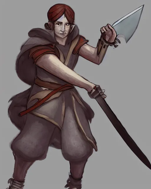 Image similar to a concept art of a D&D character, holding a small sword made by Donutello, white background